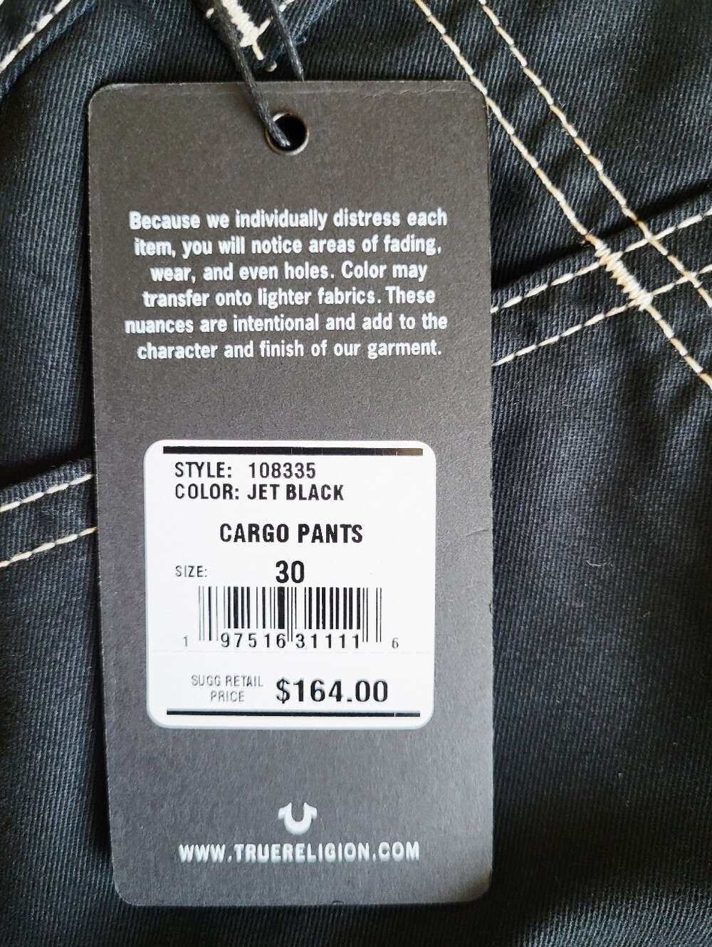 True Religion Cargo Pant Mens 30 Jet Black White Stitch NWT - Picture 6 of 11